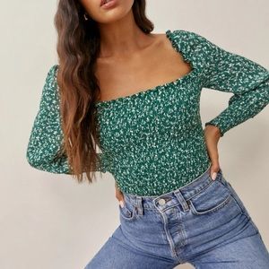 Reformation Blouse Punto Long Sleeve Puff Smocked in Green Floral